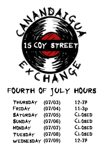 Open Thursday and Friday 07/03 - 07/04. Closed Saturday - Tuesday 07/05-0708. Back to normal hours 07/09 (12p-7p)